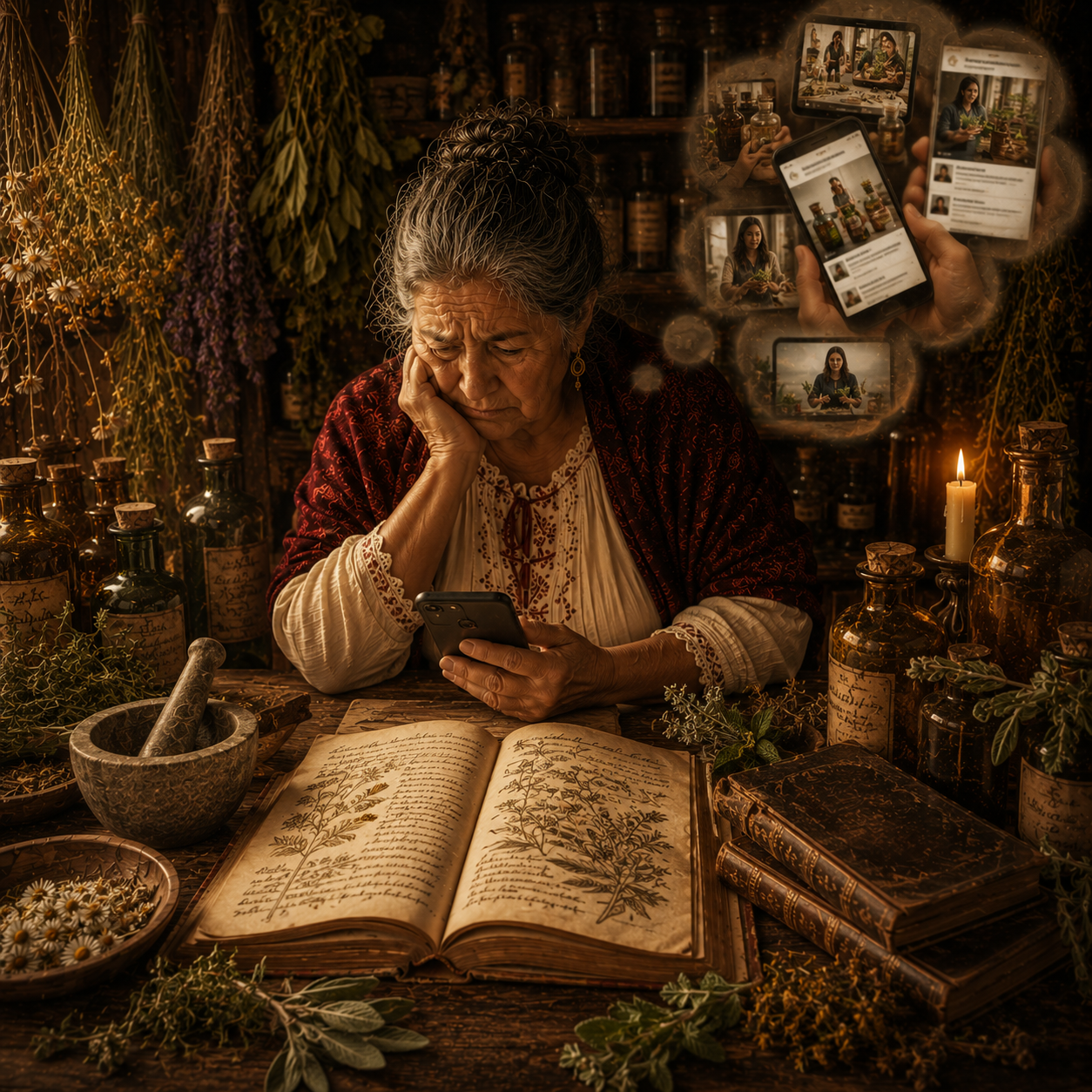 Abuela confundida buscando remedios en videos del celular