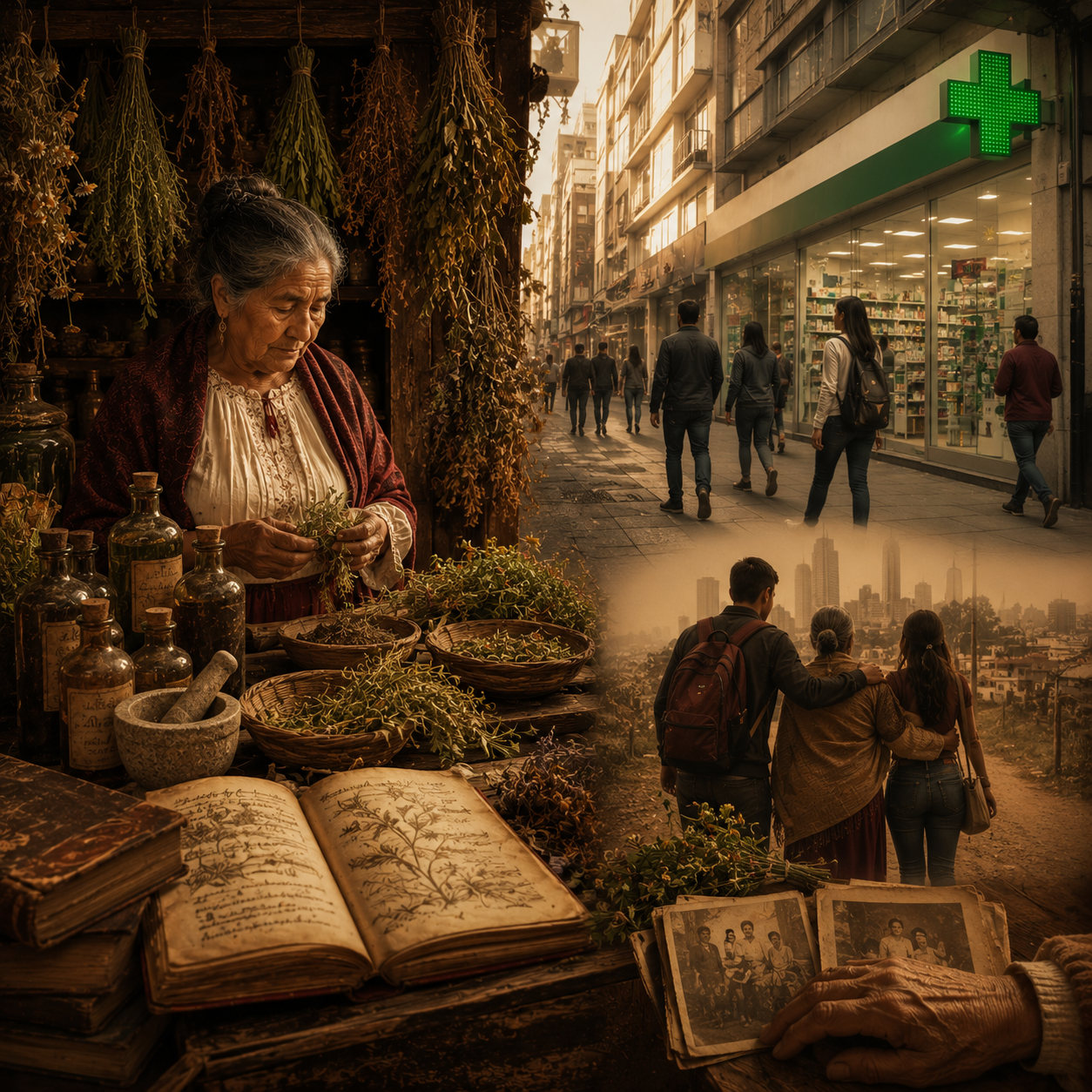 Contraste entre puesto de hierbas y farmacia moderna